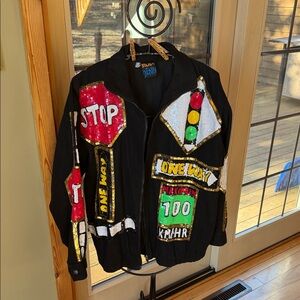Modi Denim‎ Vintage Sequin Traffic Signs Lined Bomber Sz. Jacket Made in India
